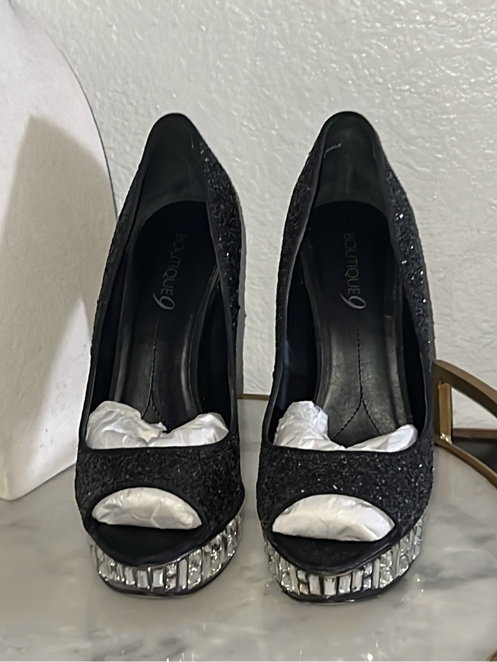 Black glitter gems heels platform peep toe pumps 7.5